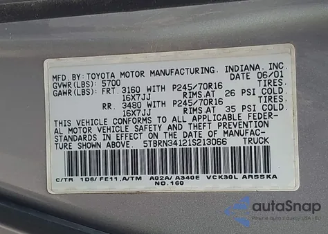 2001 Toyota Tundra Access Cab Sr5 из США, поврежденный, VIN 5TBRN34121S213066